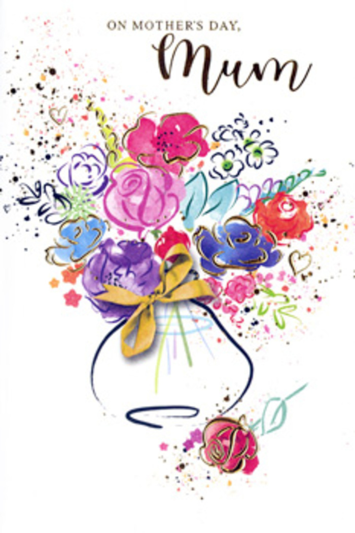 The Mother's Day card illustration presents a lively, painterly bouquet that seems to hover in the centre of the page, framed by a pure white background that lets every colour breathe. The flowers themselves are suggested rather than precisely drawn, with petals formed from sweeping strokes of hot pink, rich cerise, and violet, all rooted in deeper pools of indigo that add both shadow and drama. Hints of apricot, coral, and soft chartreuse peek between the blooms, echoing the first signs of green and blossom seen around Rotherhithe's parks and riverside paths in early spring. Fine, glinting touches of gold pick out the edges of petals and the curves of leaves, like tiny threads of sunlight stitched through the arrangement. Scattered across the card are small splashes of paint shaped like dots, hearts, and irregular specks, creating a feeling of movement, as if the bouquet has just been given and the air around it is still buzzing with emotion. The vase beneath is simple yet graceful, painted with gentle, translucent washes and finished with a neat golden bow that brings to mind the practiced hands of a local florist tying off a hand-tied bunch for delivery to a family home near Canada Water. The overall mood is exuberant but deeply tender, blending spontaneity with evident care. It feels like a visual love note from child to mother, an artistic bouquet that will never wilt, capturing the warmth of shared stories, cups of tea, and quiet support that make Mother's Day so meaningful.