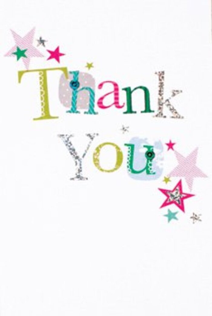 Graceful in composition yet exuberant in expression, this thank you card captures the unique spirit of Rotherhithe's community. Each letter in 'Thank You' is individually styled-some playful with dancing polka dots, others refined with elegant flourishes and silvery accents that reflect the light much like the wharves along the Thames shimmer at sunrise. The typography feels modern yet personal, as if penned with artistic intent by a local, while clusters of vivid stars-striped in bold pink, painted in turquoise, and glazed with silver-add extra brilliance, blessing the card with light-hearted celebration. The arrangement remains open and airy on a crisp white background, echoing the wide-open spaces of South Dock and the peaceful paths between historic riverside pubs. With neither stiffness nor fussiness, this design is perfectly suited for any occasion-from a neighbourly thank you on Rotherhithe New Road to a more formal gesture sent from Stave Hill. Just as a florist's bouquet lifts the mood of its recipient, this card brings an uplifting sense of gratitude-memorable, sophisticated, and warmly universal, perfect for nestling alongside a thoughtful floral delivery throughout SE16.