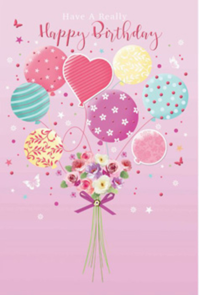 Whimsical birthday card artwork depicting pastel balloons lifting a petite floral bouquet, described with the care of a local Rotherhithe flower specialist. The background is a soft, powdery pink, calm and inviting, like early morning light reflecting off the river near Surrey Quays. From the lower centre, slim ribbon-like strings rise and fan outward into a generous cluster of balloons. Each balloon is painted in gentle tones of pale sunshine yellow, rosy fuchsia, minty sea green and light lavender, their surfaces adorned with lively stripes, dotted patterns and subtle swirls that add a sense of motion. A heart-shaped balloon near the centre glows more warmly, suggesting affection and the tender emotion behind the birthday greeting. Anchoring all this airiness, a small hand-tied bouquet sits at the base, its stems gathered and wrapped with a sparkling purple bow. The flowers are tiny roses and daisy-like blossoms shaded from cream to rose, the petals softly rounded and layered, as if freshly picked from a nearby garden in Rotherhithe or along the paths of Southwark Park. Delicate greenery slips between the blooms, giving contrast and texture without overpowering the pastel delicacy. Around the bouquet and balloons, you can almost sense a gentle breeze: small star shapes, specks of confetti and a few stylised butterflies drift across the pink field, as if carrying whispers of birthday wishes up and over the rooftops. The whole illustration feels thoughtfully composed, quietly joyful and deeply personal, much like a bespoke floral design created for a milestone birthday celebration right here in SE16.