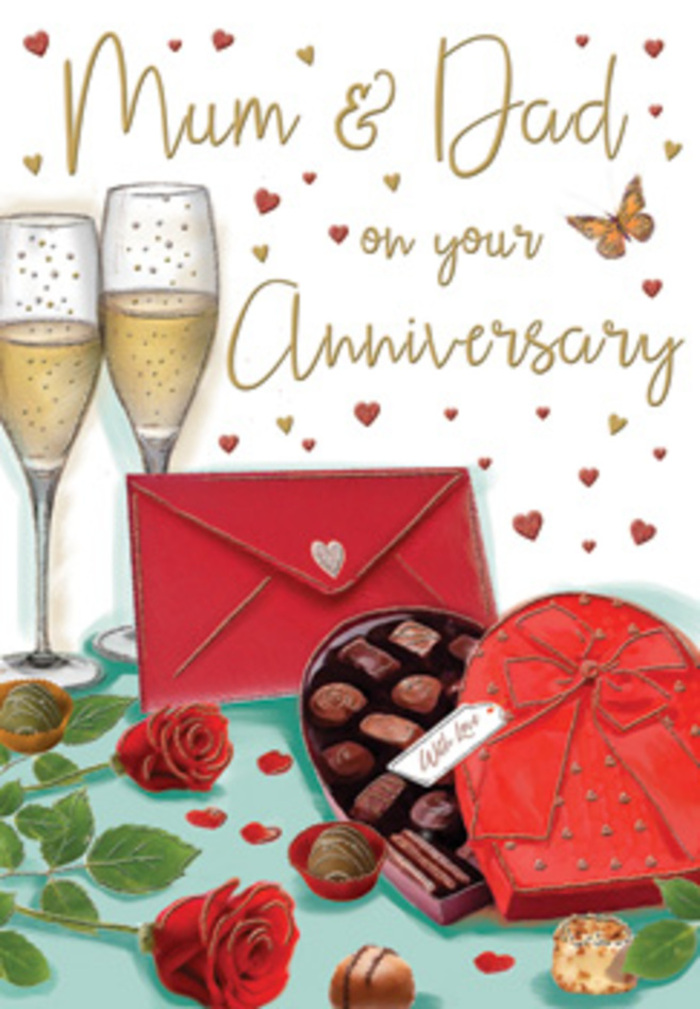 The anniversary card artwork feels like a lovingly arranged still life, reminiscent of a quiet celebration in a Rotherhithe flat with views of the old docks. At the heart of the scene lie vibrant red roses, their petals layered and plush, blending shades of ruby and crimson that stand out sharply against their glossy green leaves. They rest near a heart-shaped box of chocolates, its deep red lid tipped open to reveal rows of perfectly shaped truffles, their surfaces smooth and tempting, as if freshly purchased from a favourite local shop before being brought home. The box is adorned with a dramatic red bow, its ribbon falling in soft loops that echo the curves of the rose petals. Standing just behind are two tall champagne flutes, filled with pale golden champagne, bubbles rising in slim, continuous streams that sparkle as if catching the light from a nearby window overlooking the Thames. Scattered throughout are shimmering gold and red hearts, some circling the handwritten "Mum & Dad" greeting in the centre, others drifting over the background like delicate confetti after a family toast. A bold scarlet envelope sits on the table, its clean lines and rich colour suggesting a carefully penned message full of gratitude and shared history. The composition feels warm and timeless, blending the romance of roses and champagne with the cosy familiarity of a family anniversary in SE16, much like the thoughtful, celebratory displays a local Rotherhithe florist might create for long-married parents.