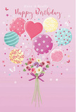 Illustrated birthday card scene showing a dreamy pastel balloon bouquet floating above a hand-tied posy, evoking the thoughtful style of an artisan florist in Rotherhithe. The soft pink background serves as a calm canvas for clusters of balloons that seem to hover weightlessly, painted in pale pink, mint, buttery yellow and soft lilac. Each balloon carries a distinct pattern - playful polka dots, sweeping candy-like stripes, delicate floral motifs and gentle colour washes - so that together they form a joyful patchwork of celebration. At the centre, a slightly larger, heart-shaped balloon glows warmly, symbolising affection and making the greeting feel especially personal. Below, the balloon strings gather neatly into a small bouquet of roses and anemone-style blooms in creamy ivory, blush pink and muted mauve, their petals rendered as soft, layered and almost velvety to the touch. The stems are drawn close and finished with a rich violet satin bow that catches the light with tiny highlights, echoing the shimmer on the balloons above. Dotted around the composition are tiny starbursts and whimsical butterfly silhouettes, giving the impression of fairy-tale confetti drifting across the sky over Rotherhithe Village. The overall effect is light, sweet and quietly indulgent, as though someone has combined a favourite bunch of birthday flowers with a cluster of party balloons for delivery to a loved one nearby. It captures the spirit of a birthday that should feel bright, tender and unforgettable, wrapped up in pastel colours and gentle joy.