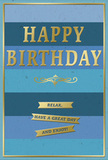 This birthday card feels like a calm breath in the middle of a joyful day, its design unfolding in steady, horizontal bands of blue that move from deep navy through rich mid-blues to softer sky and teal. The stripes are broad and even, creating a tranquil ombre effect that recalls the layered colours of the river and sky along Rotherhithe's waterfront. Centred on this soothing backdrop, the words "HAPPY BIRTHDAY" rise in tall, embossed gold letters, their surface gleaming softly when the light catches them. The gold has a mellow tone, not too bright, giving the greeting a polished yet relaxed character. Just below, a graceful golden flourish arches like a decorative underline, separating the main message from the more conversational sentiment beneath. Three slender gold banners are lined up horizontally, each carrying part of the phrase "Relax, have a great day and enjoy!" The ribbons look as though they have been carefully set in place, their smooth foil finish adding a gentle sparkle. A fine gold border runs around the entire edge of the card, framing the composition with quiet sophistication, a little like the tidy Georgian facades you see walking through the quieter streets off Jamaica Road. The card's surface appears matte and soft, while the embossed metallic elements invite the fingertips to trace their lines. It's easy to imagine this elegant card standing beside a hand-delivered bouquet in a Rotherhithe home, offering a moment of peace, warmth, and heartfelt birthday cheer without overwhelming the senses.