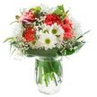This bouquet captures the lively energy and gentle grace characteristic of Rotherhithe, arranged with an artful blend of uplifting corals and classic whites. At its centre, fluffy, ruffled carnations in vivid coral-pink convey warmth and personality, drawing the eye to their intricate layers. Surrounding these, white daisy-chrysanthemums and traditional white daisies with fresh green and yellow eyes open like morning suns, ushering in a sense of hope and innocence. Interlacing wisps of airy baby's breath create a soft cloud-like effect, lending the design both delicacy and volume. Magenta-purple alstroemeria buds emerging from one side add a subtle hint of dynamic colour and promise of blossoming days ahead. The arrangement is anchored by lush green foliage-broad and glossy leaves weaving through the blooms, offset by finer, more delicate leaves for natural texture. Every stem stands proudly visible through the vase's clear glass, grounded in crystal water. The overall composition is bathed in radiant, shadow-free light against a simple white background, highlighting the bouquet's freshness and intentional artistry. Crafted by skilled hands at a local Rotherhithe florist, this bouquet is a spirited, joyful choice for birthdays, housewarmings, or spontaneous celebrations along the waterside, infusing any space with the promise of new beginnings.