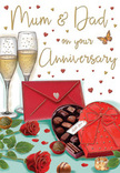 This anniversary card illustration portrays a romantic tabletop scene that could easily belong in a Rotherhithe home after a day wandering around Surrey Quays. In the foreground, a pair of red roses, with velvety, fully opened petals and deep green foliage, rests gracefully as if just placed down from a hand-tied bouquet. Next to them, a heart-shaped chocolate box sits open, revealing a neat arrangement of chocolates nestled in their little compartments, each one shaded to suggest a glossy, melt-in-the-mouth texture. A luxurious red bow curls across the lid and spills onto the table, echoing the rich tones of the roses. Two slender champagne flutes rise behind this arrangement, filled with sparkling golden champagne, bubbles climbing toward the surface as if paused in mid-toast between partners celebrating many years together. Golden and crimson hearts drift across the design, some framing a tender "Mum & Dad" message at the centre, others scattered like confetti after a family dinner. A vivid scarlet envelope lies nearby, sealed and slightly angled, hinting at a handwritten note filled with affectionate words and memories shared over time. The colours are warm and saturated, with soft highlights that create the feeling of candlelight reflecting off glass, not unlike the glow you might see from riverside apartments as evening falls. Overall, the card radiates an atmosphere of enduring love, thoughtful indulgence, and cosy celebration, the way a local florist in Rotherhithe might imagine a perfect anniversary moment for parents who mean the world.